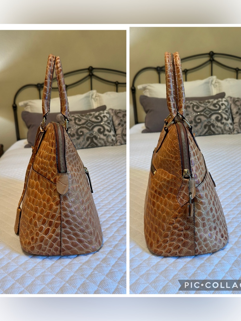 GORGEOUS Dooney & Bourke Italian Croc Embossed MBC3 Zip Zip Satchel in Tan - Picture 4 of 12